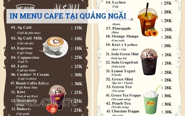 IN MENU CAFE TẠI QUẢNG NGÃI